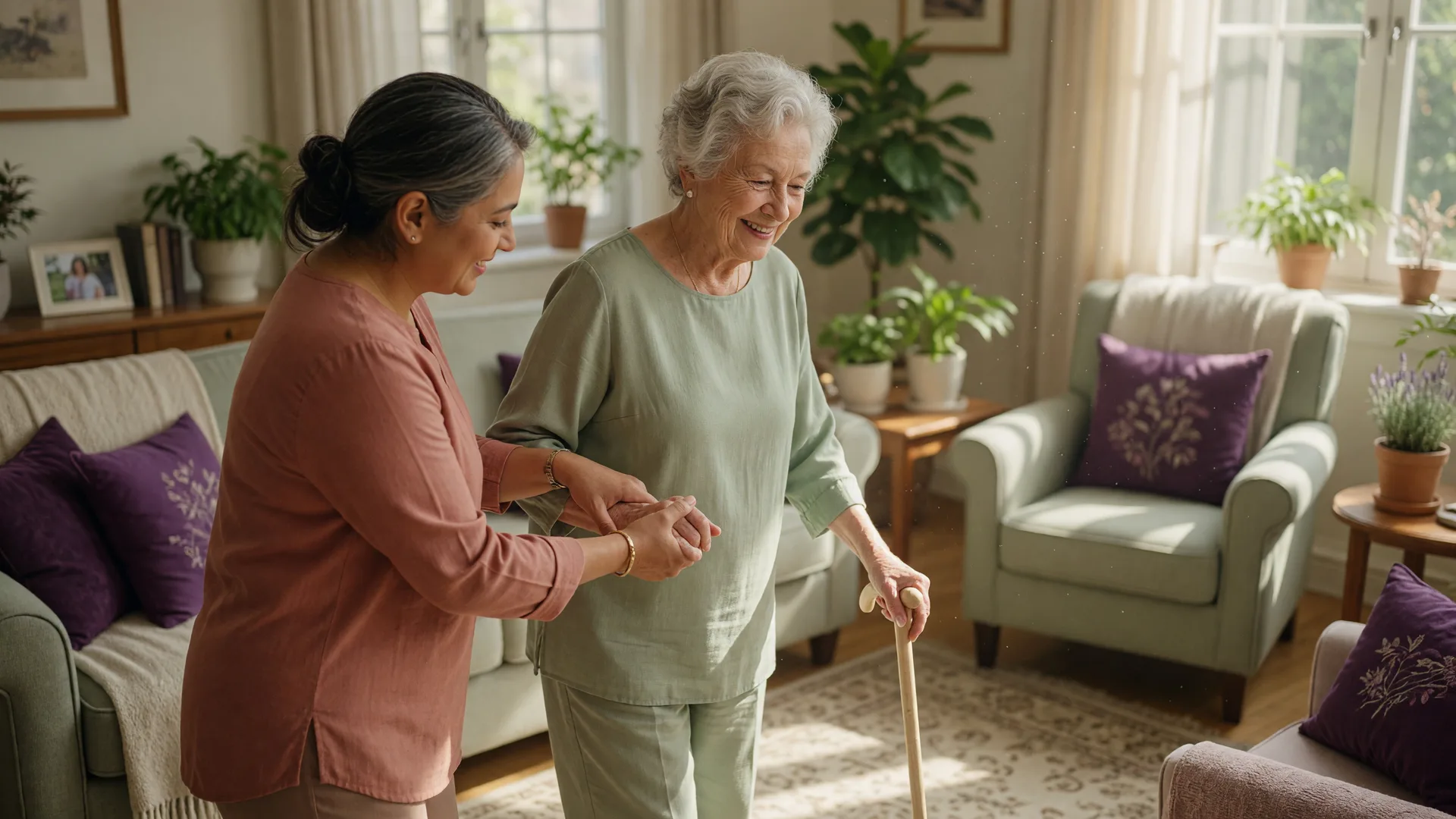 A warm, hopeful senior care setting with soft light and a calm, welcoming atmosphere