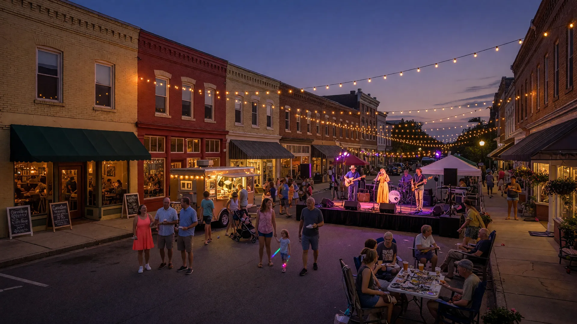 Summer evening festival in Old Town Cornelius with string lights and street scene
