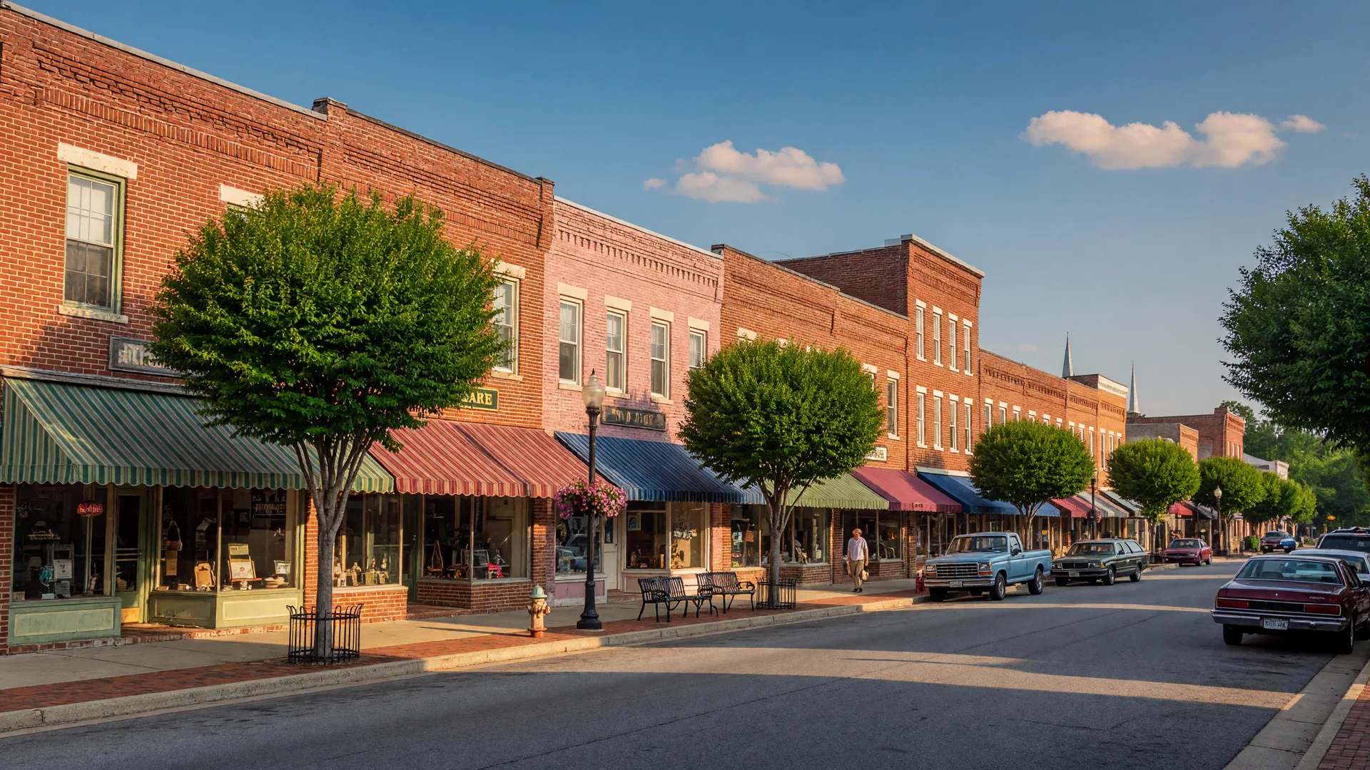 Old Town Manassas main street with red brick storefronts and canvas awnings on a sunny afternoon