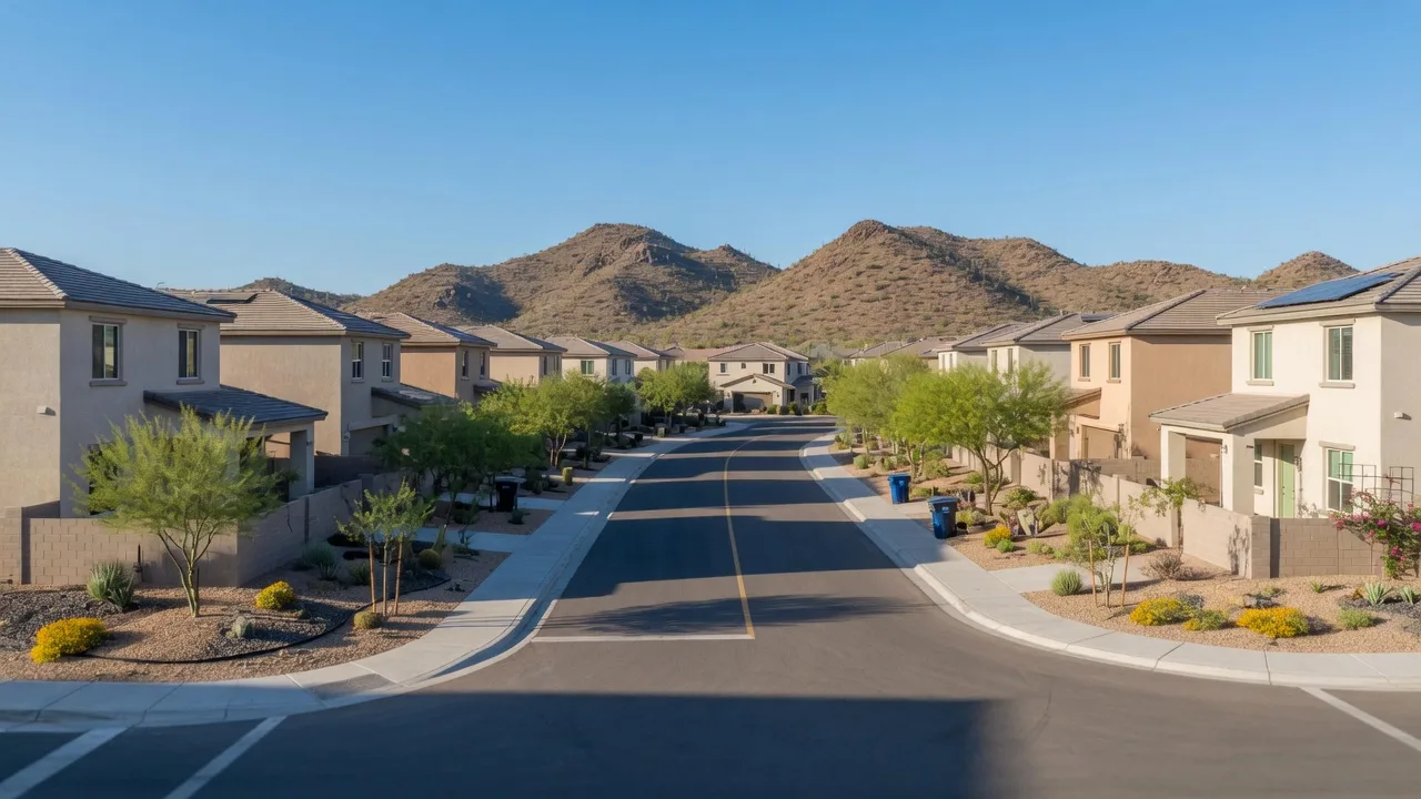New master-planned community street in North Phoenix with foothills behind