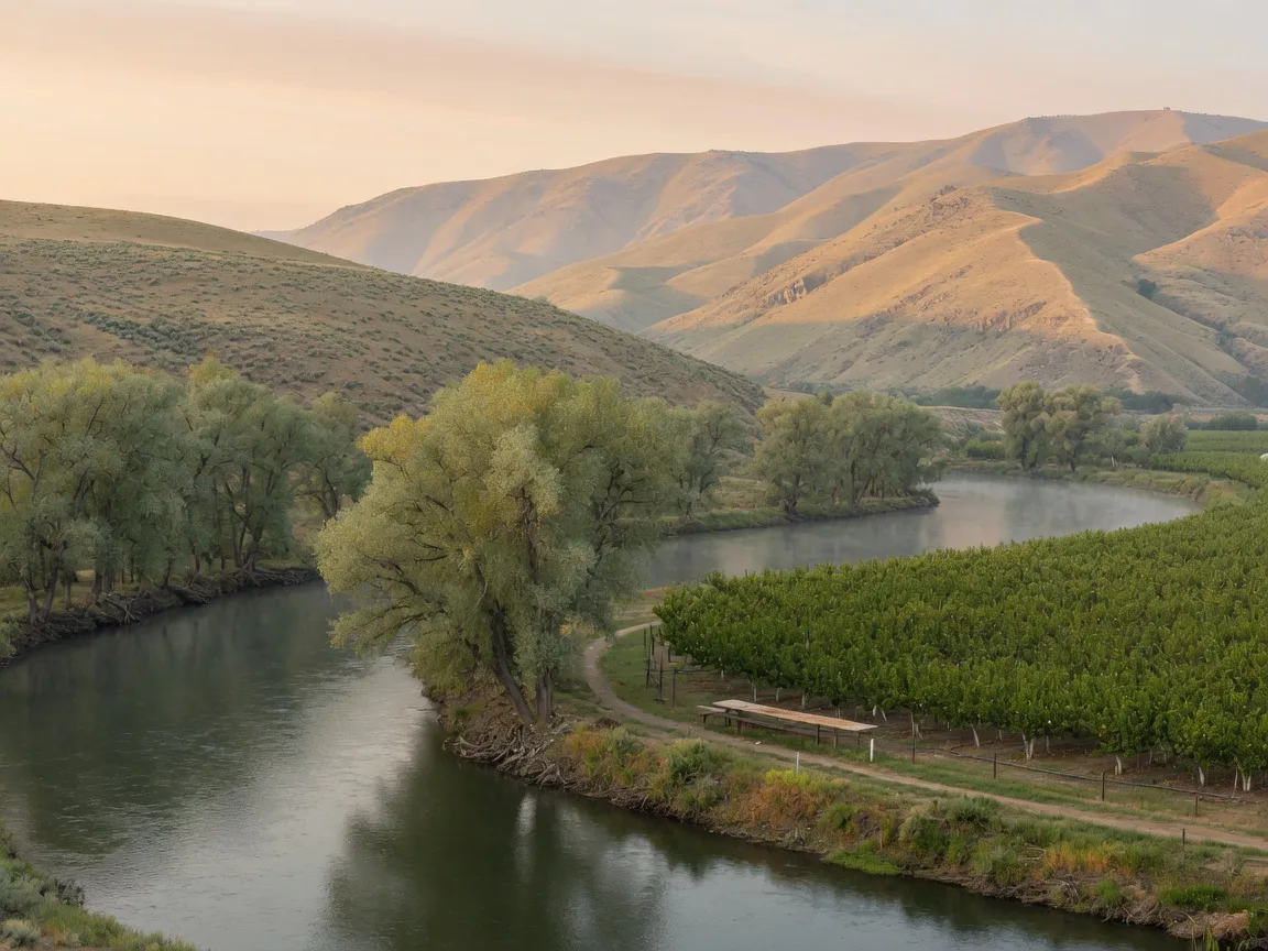 A bend of the Snake River near Marsing, Idaho with cottonwoods, orchard benches, and dry hills