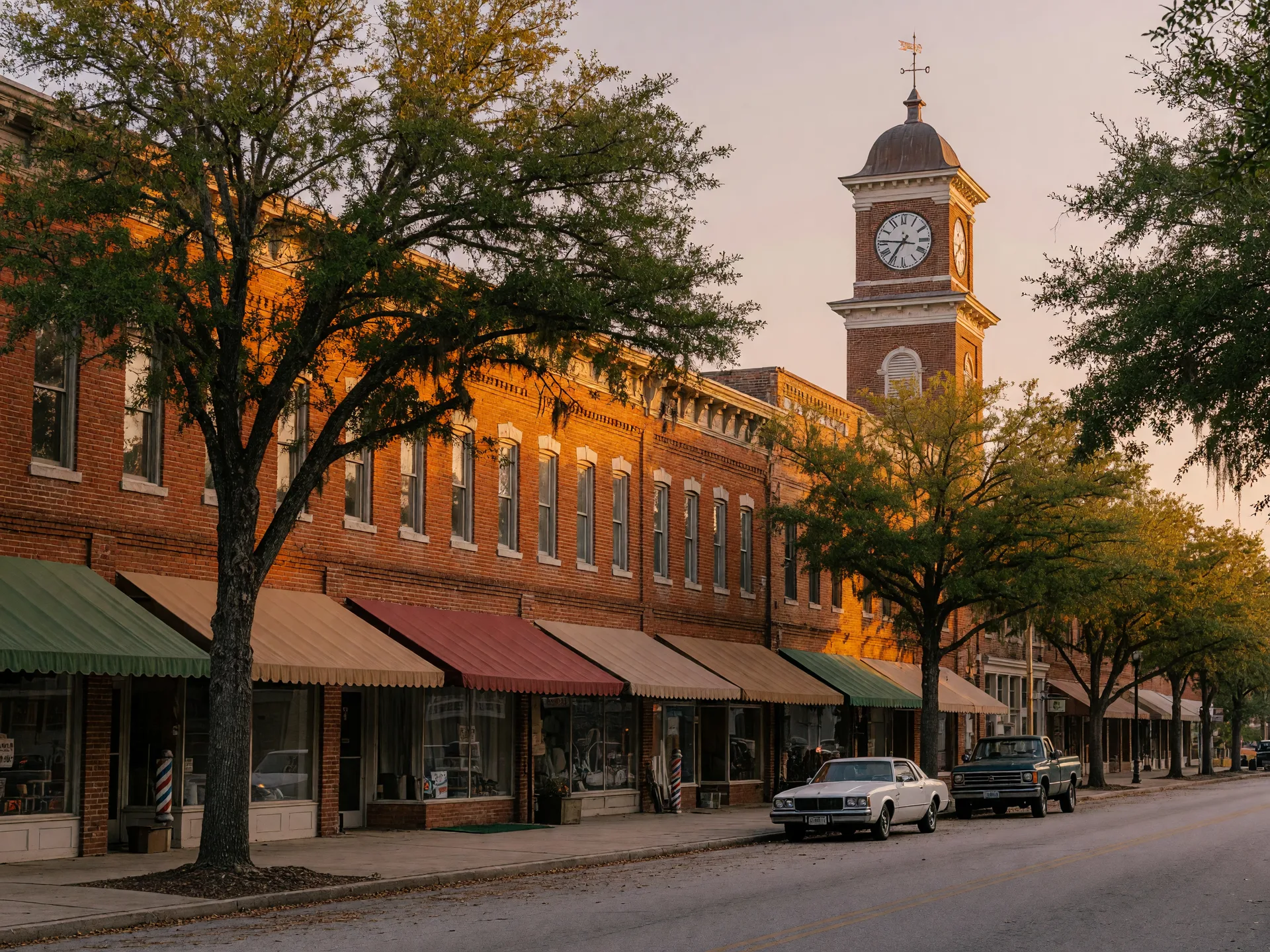 Downtown Florence SC at golden hour: historic brick storefronts, a clock tower, and oak-lined sidewalks in the Pee Dee's largest city