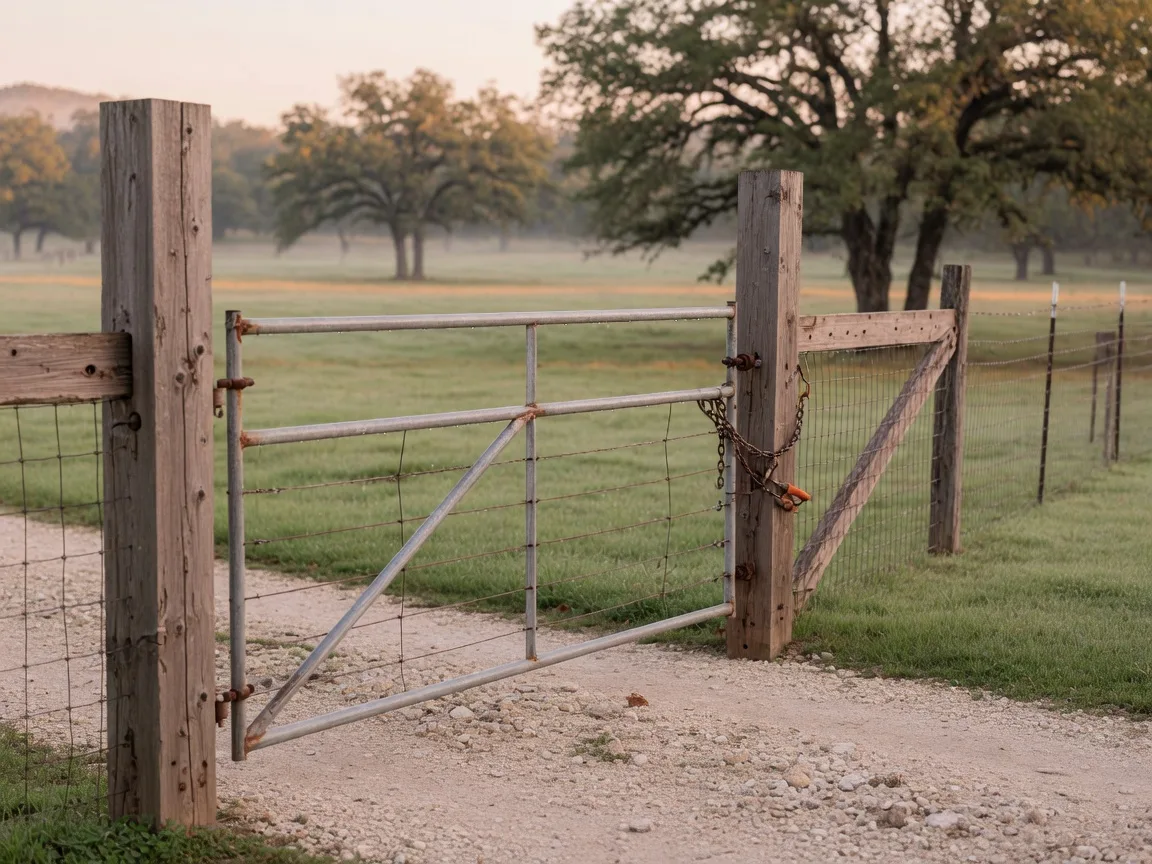 A pipe and cedar-post field gate with woven wire fence and a gravel drive on a small Texas acreage