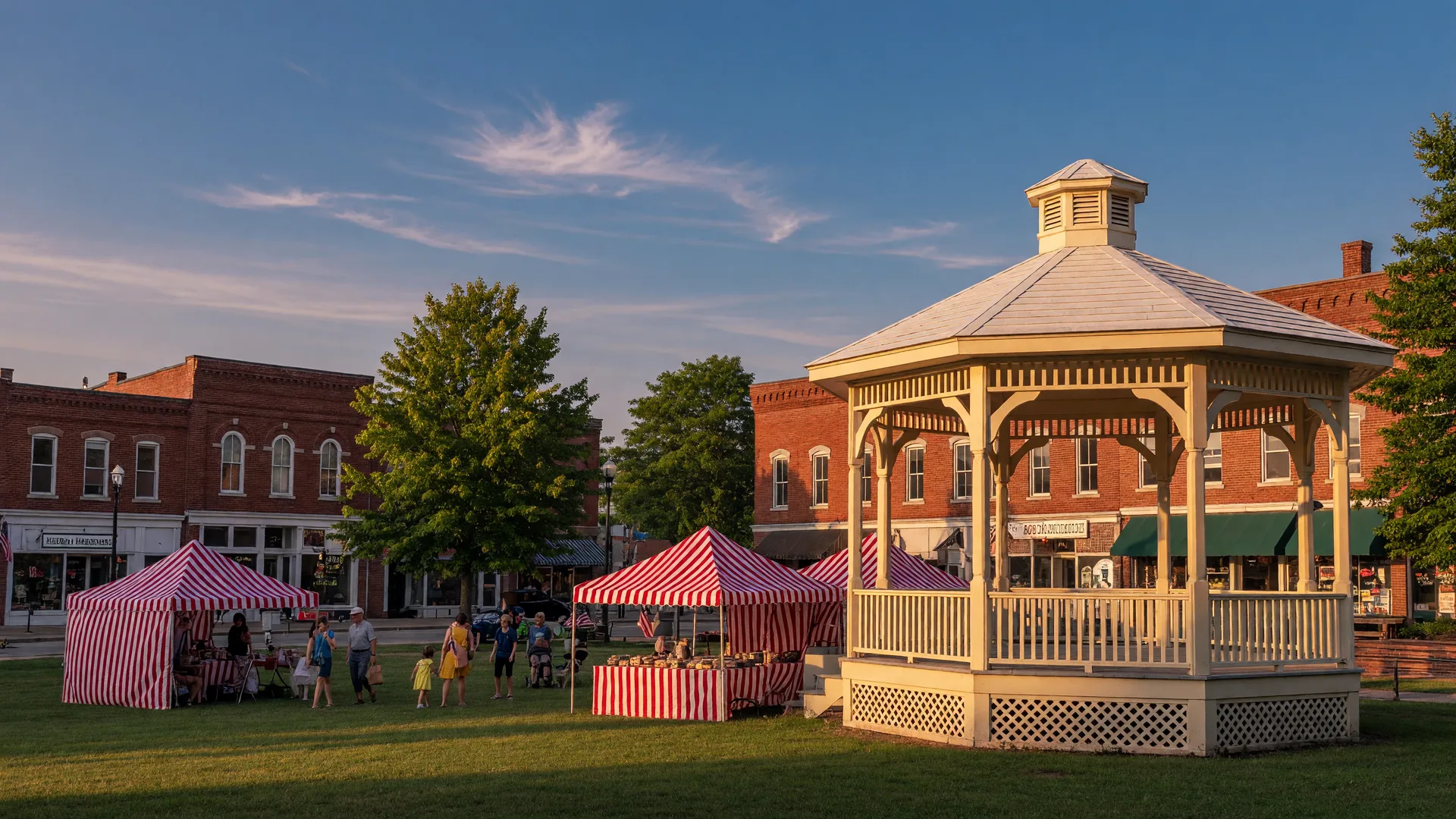 Historic Medina Public Square with white gazebo and red-and-white vendor tents at golden hour
