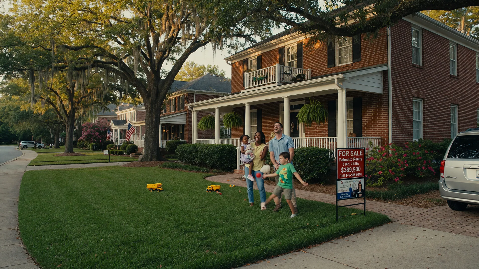 Young family on the front porch of a two-story brick home in a suburban Columbia SC neighborhood