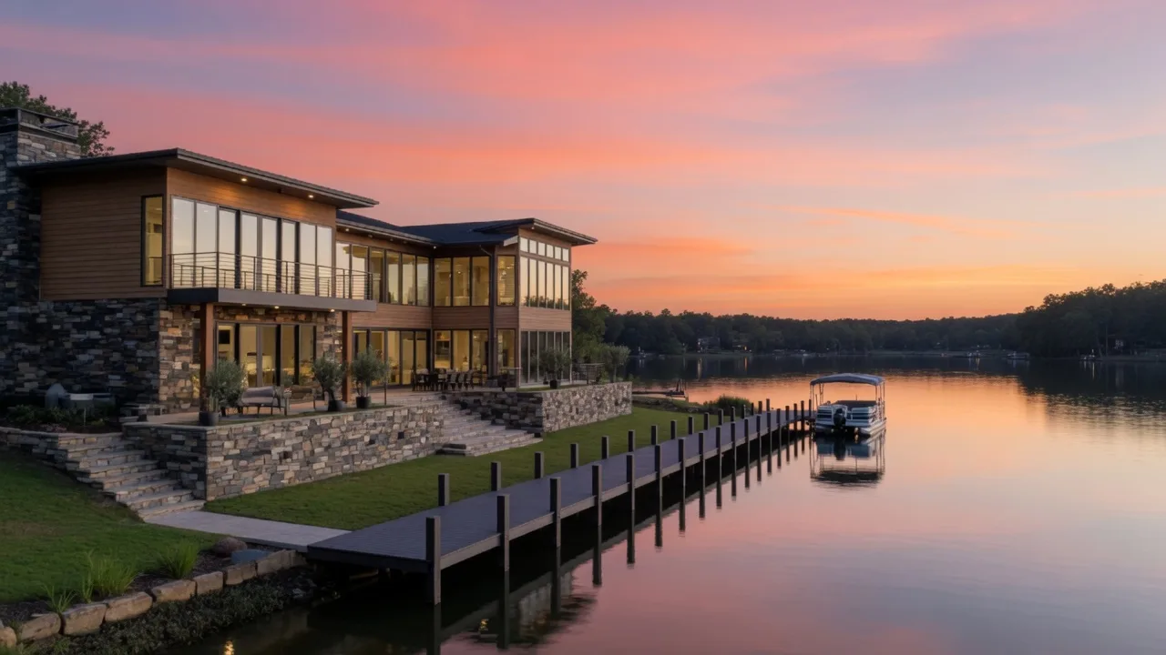 Luxury lakefront home on Lake Wylie at sunset
