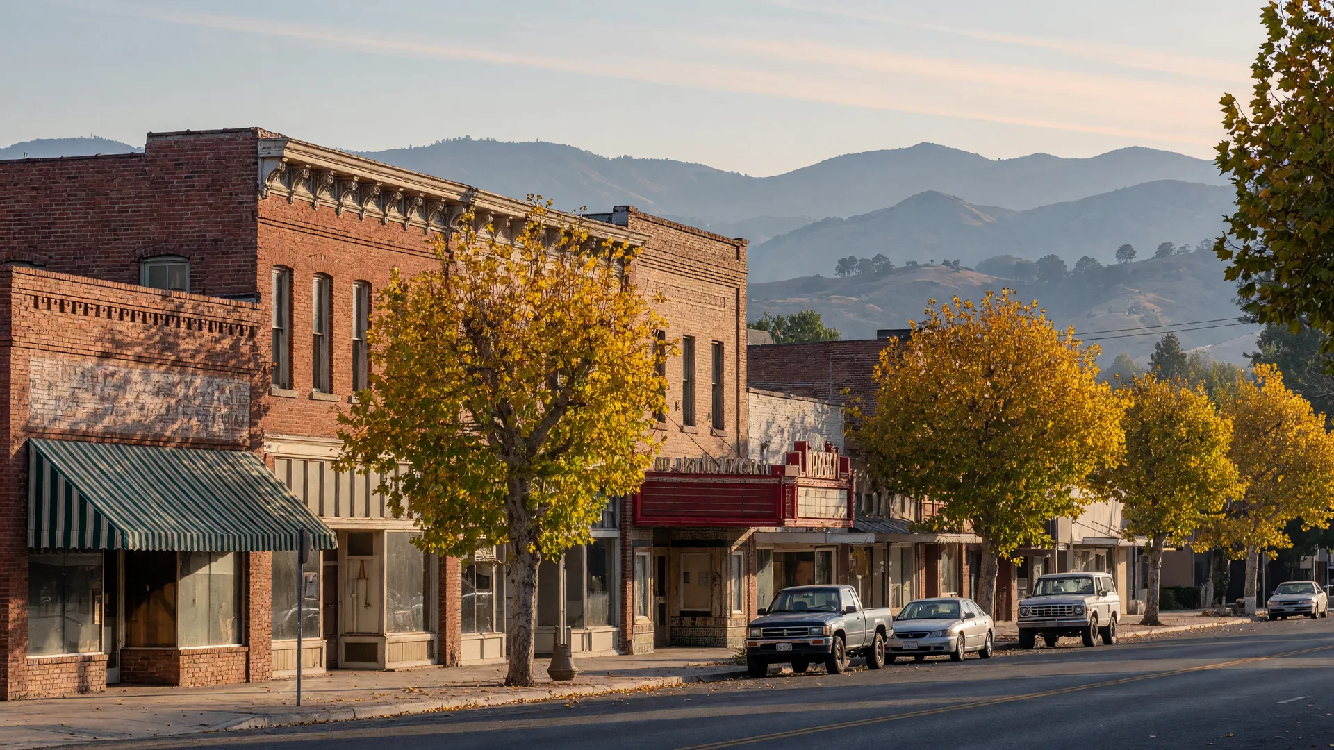 A small Central Valley downtown street in Merced County on a clear October morning, brick storefronts with awnings, a restored theater marquee, golden-leafed plane trees and parked cars, and the Sierra Nevada foothills on the horizon