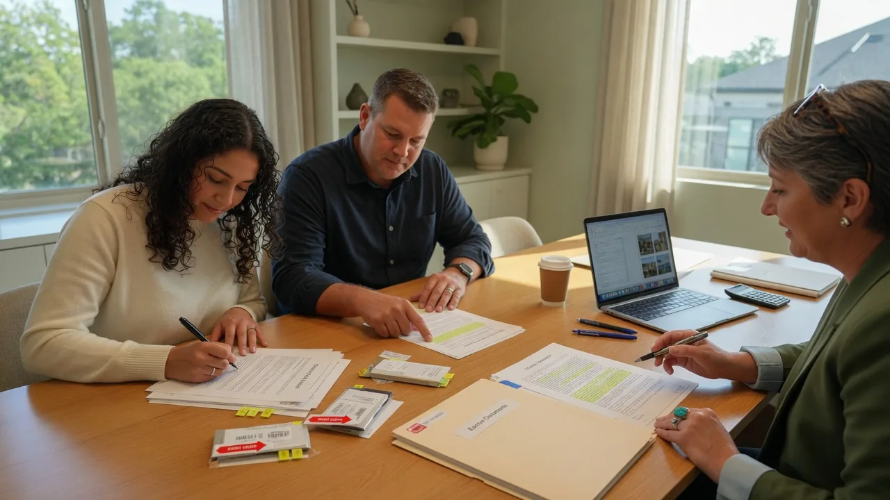 Couple signing home purchase documents with a real estate agent at a closing meeting in South Florida