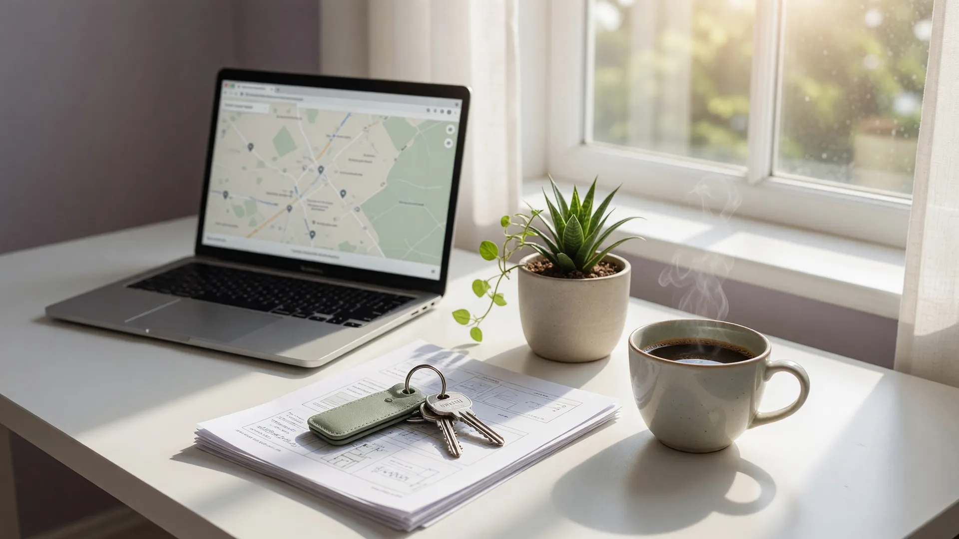 A bright, sunlit remote workspace: an open laptop, a cup of coffee, and house keys on a clean white desk