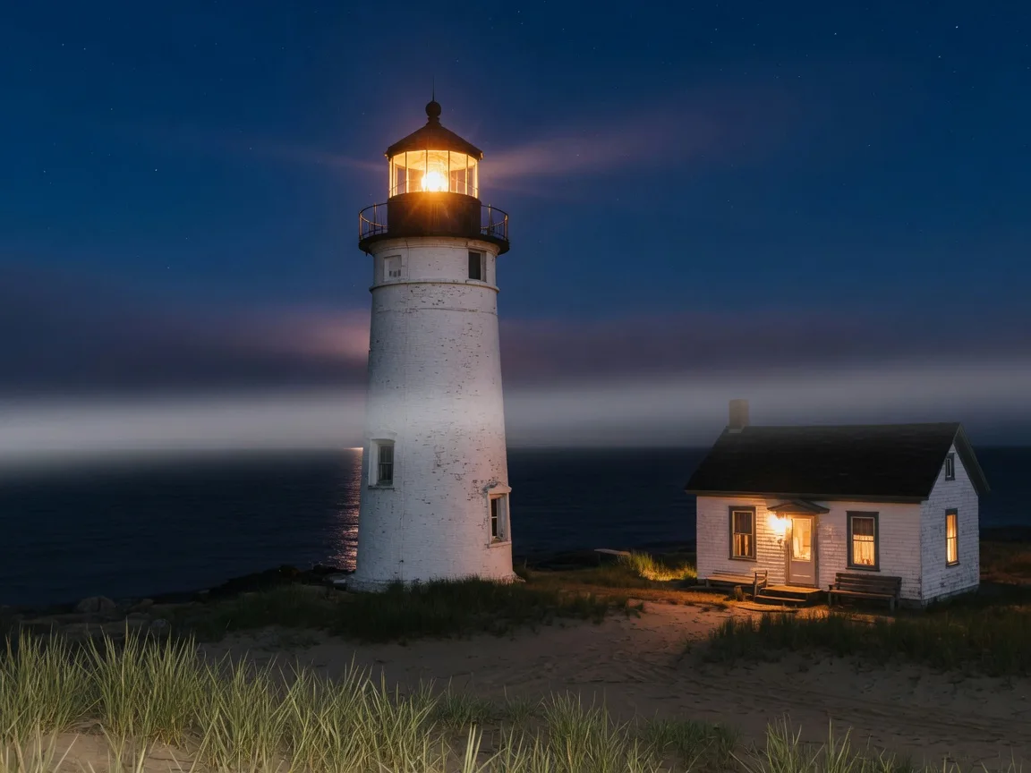 The white brick Pensacola Lighthouse tower with its black lantern room glowing at night, the keeper's quarters glowing warm beside it over a dark bay.