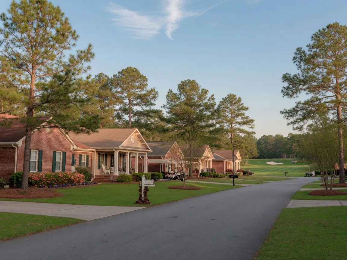 A quiet street of single-story homes in a 55+ community in the Sandhills, with longleaf pines and a golf fairway in the distance