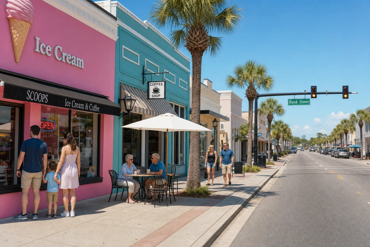 People of mixed ages enjoying downtown New Port Richey Main Street