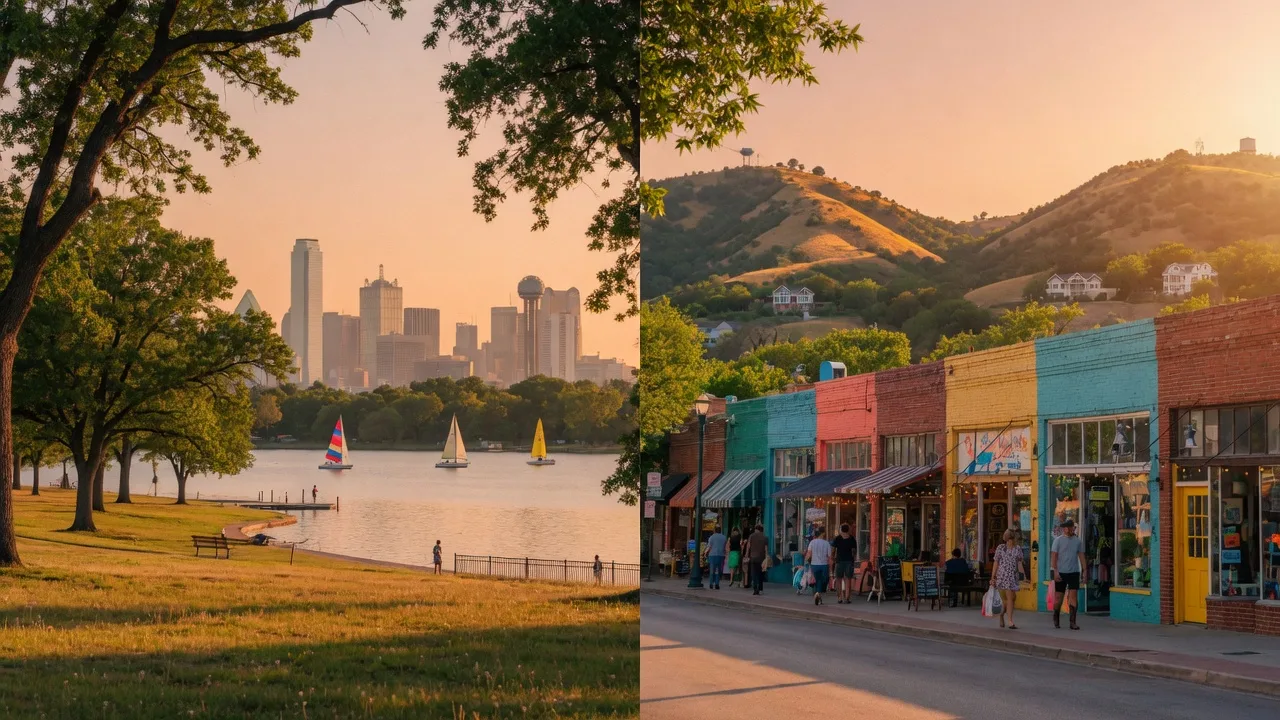 A split view of White Rock Lake in East Dallas on one side and the Bishop Arts District storefronts in North Oak Cliff on the other, captured in warm afternoon light.
