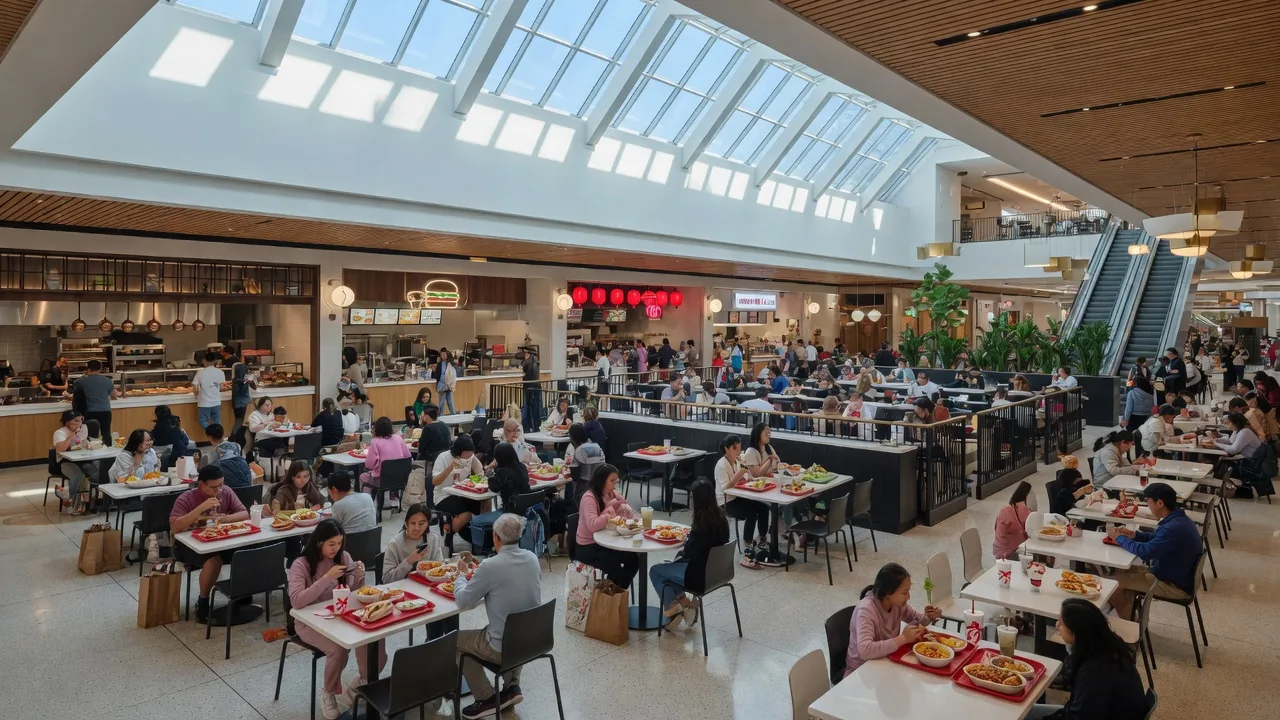 King of Prussia Mall dining area with food court and restaurants under skylights