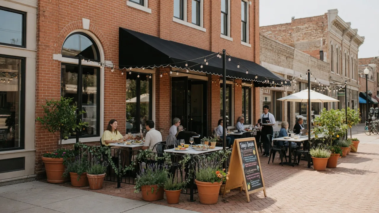 New restaurant exterior in a historic downtown setting with outdoor patio seating and string lights