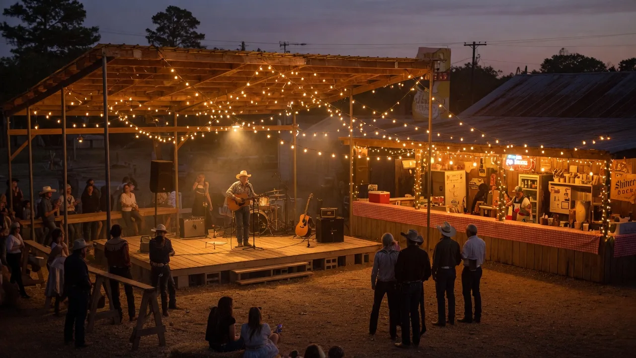 A rustic East Texas icehouse venue at dusk with warm string lights overhead, a wooden stage set up under an open-air barn, and amber lighting creating an intimate concert atmosphere