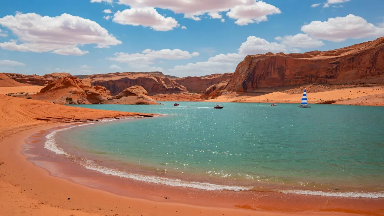 AI-rendered concept image of Sand Hollow Reservoir with turquoise water, red sand dunes, and orange cliffs
