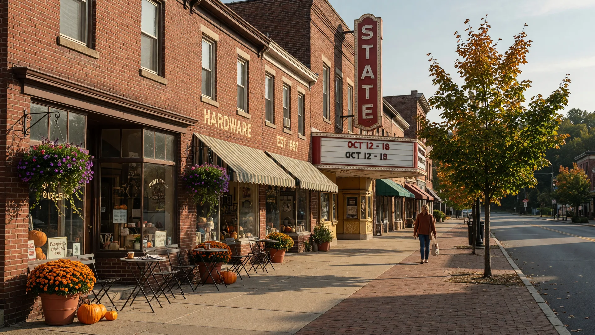 A small-town Lehigh Valley main street in mid-September with brick storefronts and early fall color