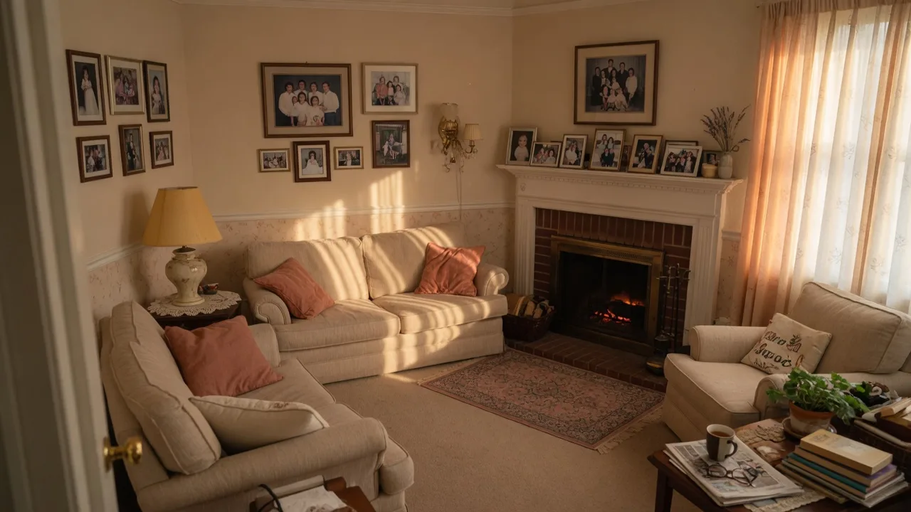 Warm comfortable living room with sofas fireplace and family photos in afternoon light