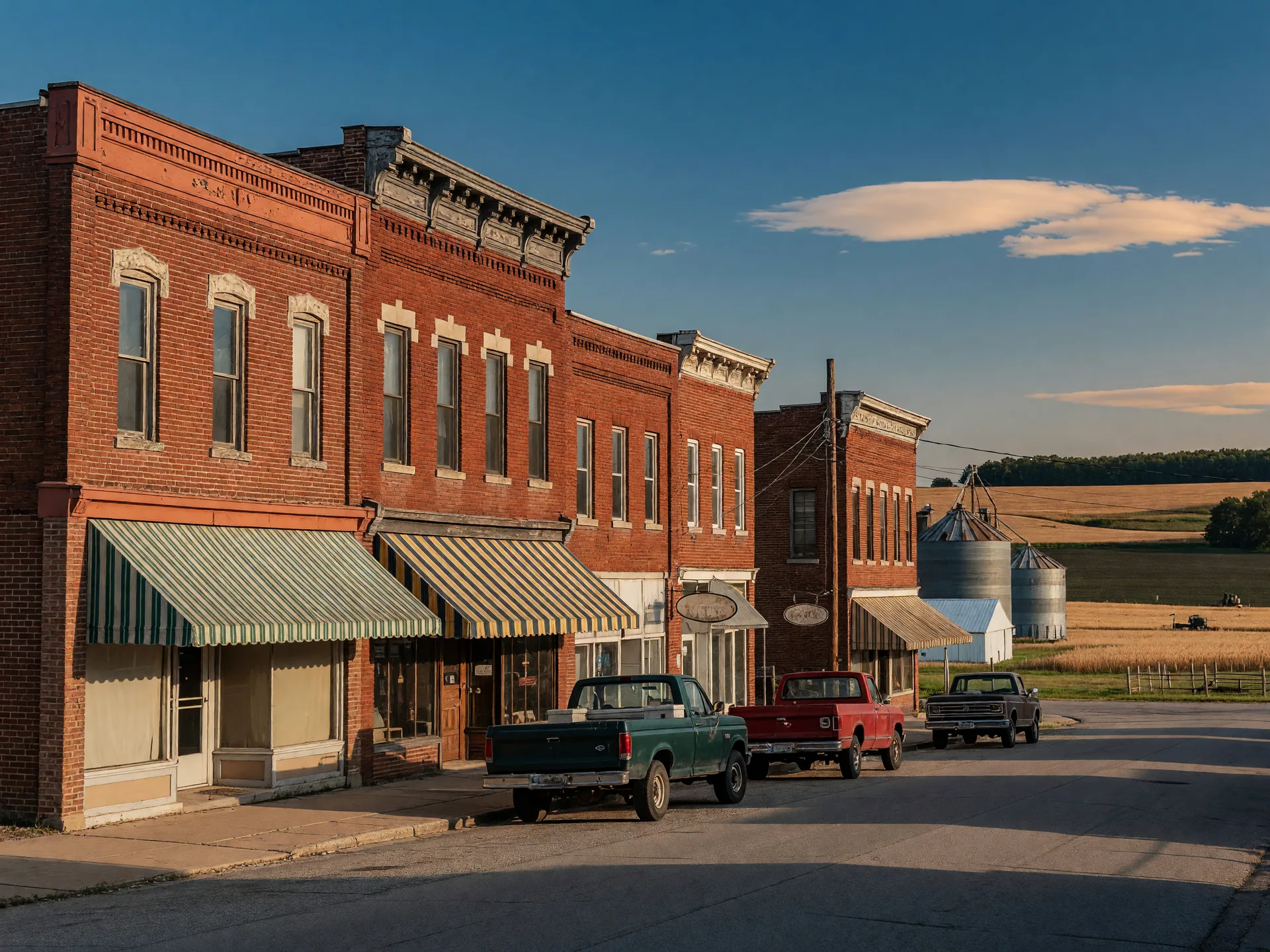 Historic brick main street of Mount Sterling Ohio with farmland and a clear blue sky beyond