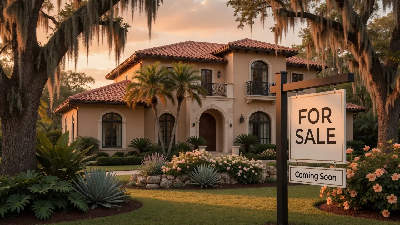 A For Sale sign in front of an elegant Mediterranean-style Florida home at golden hour with terracotta roof tiles and tropical landscaping, conveying trust and market expertise