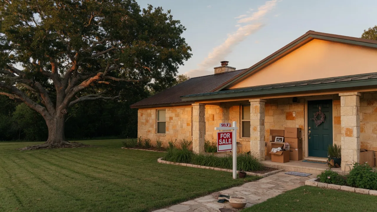 A single-story Texas Hill Country home with limestone and stucco siding and a for sale sign in the front yard in warm late-afternoon light
