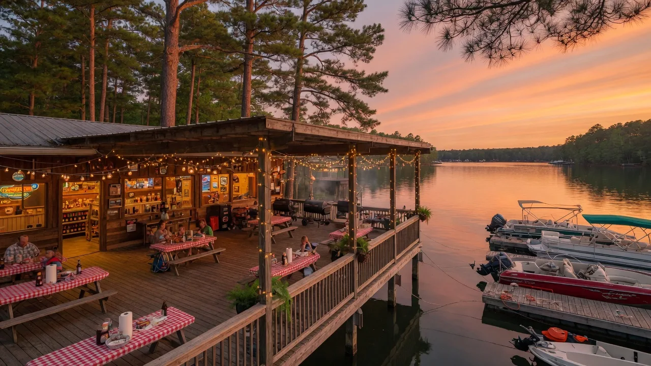 Lakeside barbecue restaurant at Aqualand Marina on Lake Lanier in Flowery Branch Georgia with covered wooden deck patio and string lights at golden hour