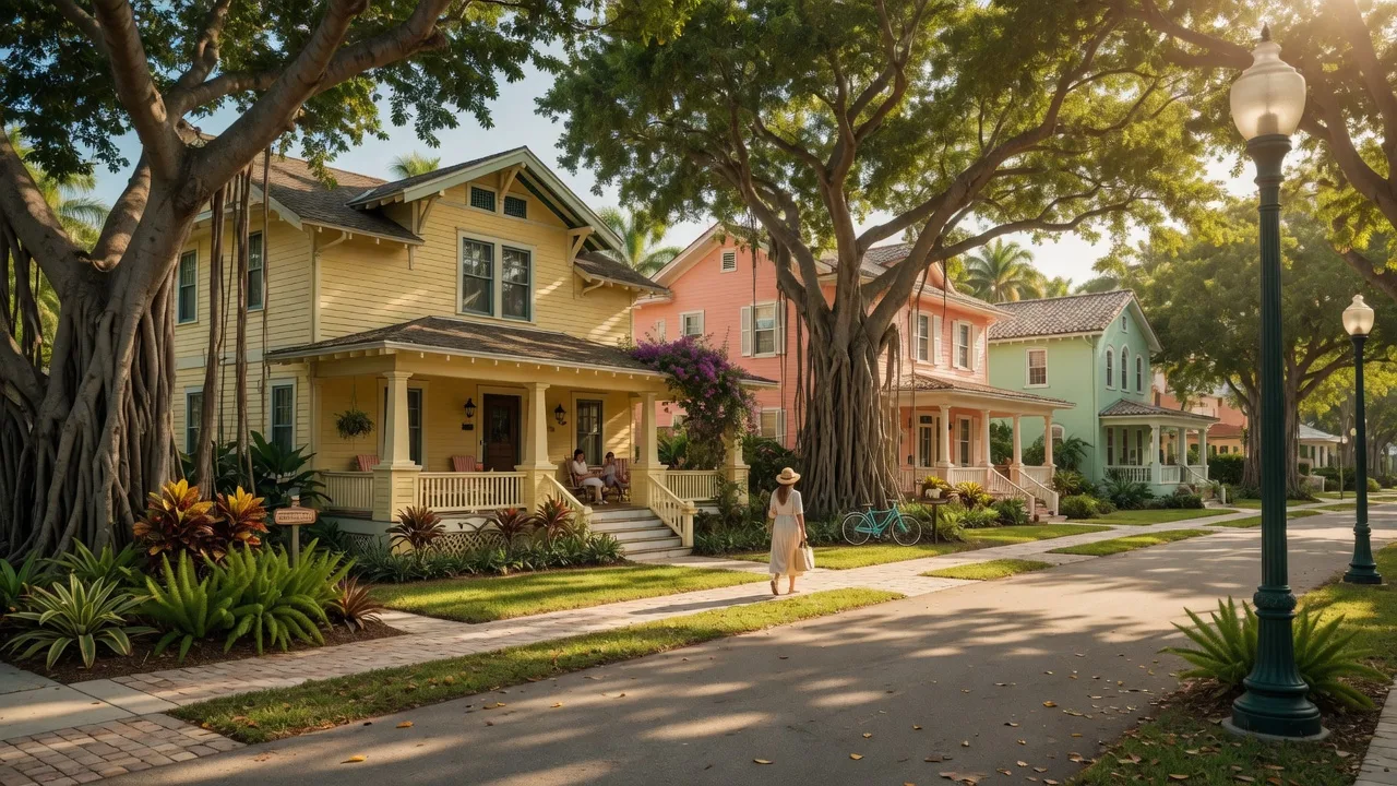Tree-lined streets in the Delray Beach Historic District with vintage bungalows and tropical landscaping