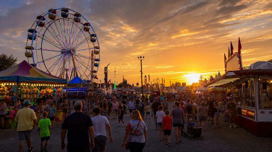 Medina County Fair Ferris wheel and carnival midway at golden hour with families and food vendor tents