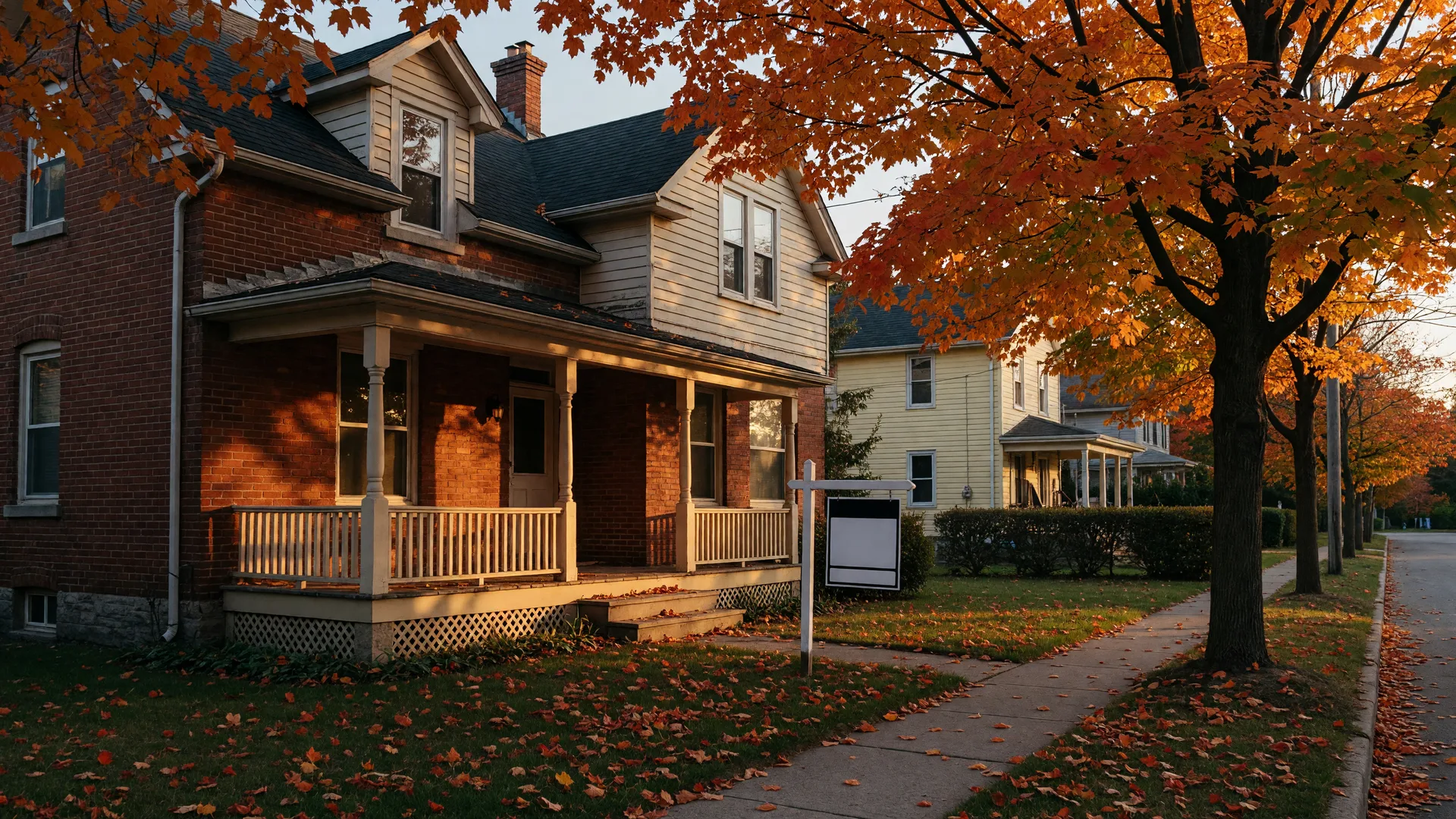 A classic two-storey brick and clapboard family home on a tree-lined Port Perry street in early autumn with a For Sale sign on the front lawn and turning maples at golden hour