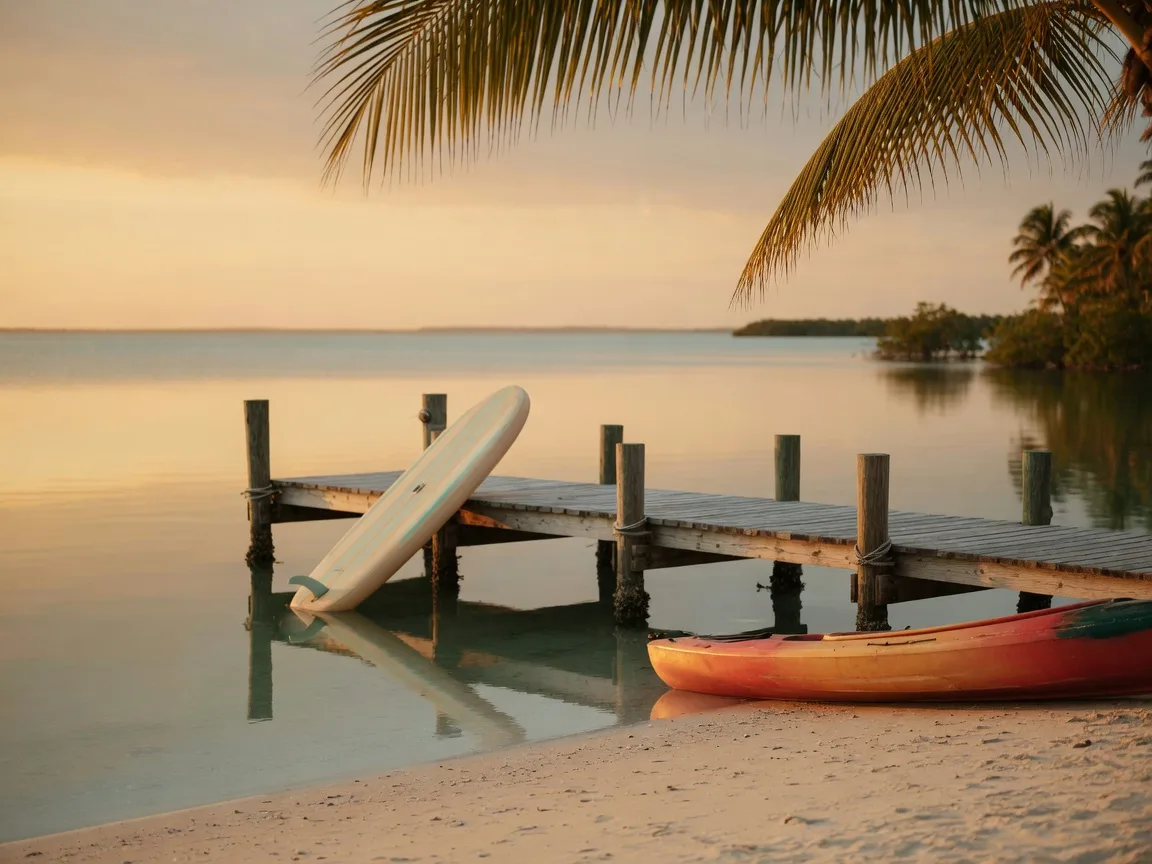 A calm South Florida shoreline at golden hour with a wooden dock and a paddleboard