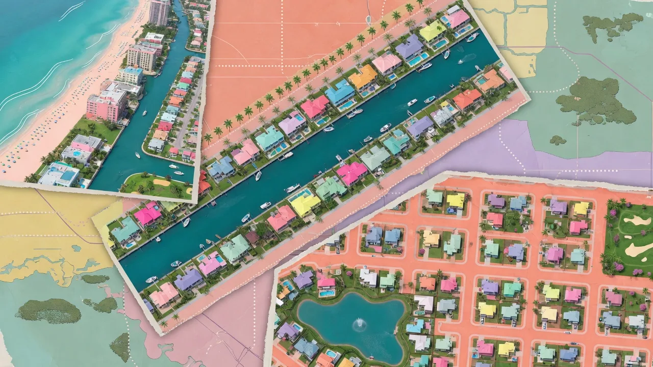 Aerial view of South Florida coastal neighborhoods with palm trees, canals, and residential communities