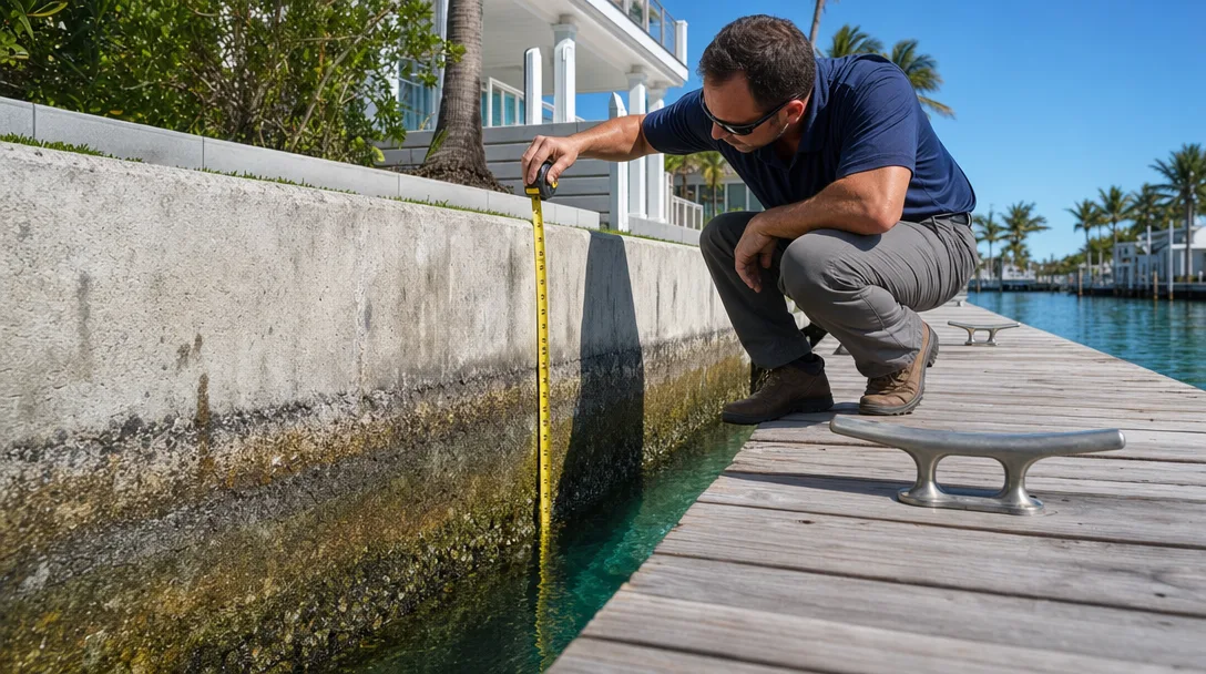 Contractor inspecting a concrete seawall with marine growth in the Florida Keys