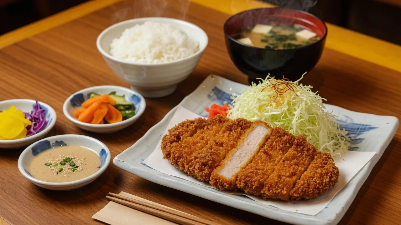 A beautifully plated Japanese tonkatsu set meal at Ton Ton Katsuya, featuring a crispy golden-brown pork cutlet with shredded cabbage, miso soup, rice, and pickles