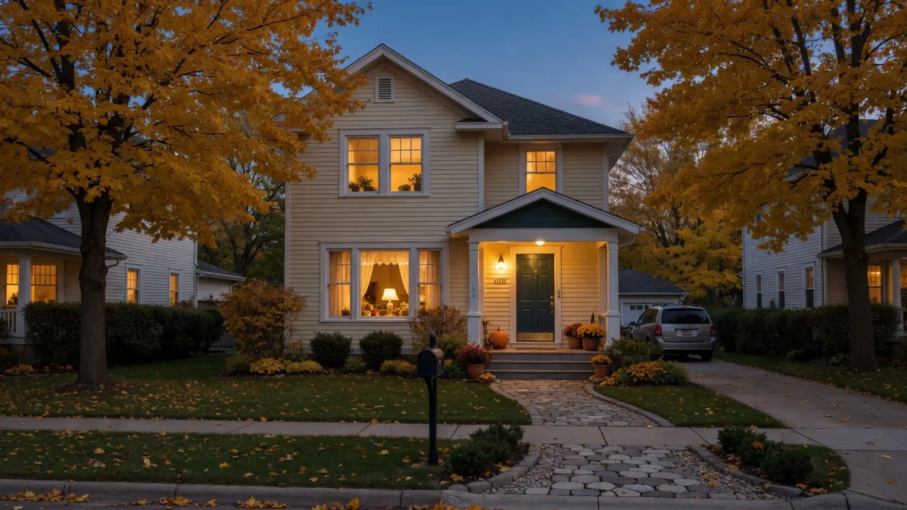 A welcoming cream-sided family home with a deep green front door glowing at dusk in autumn
