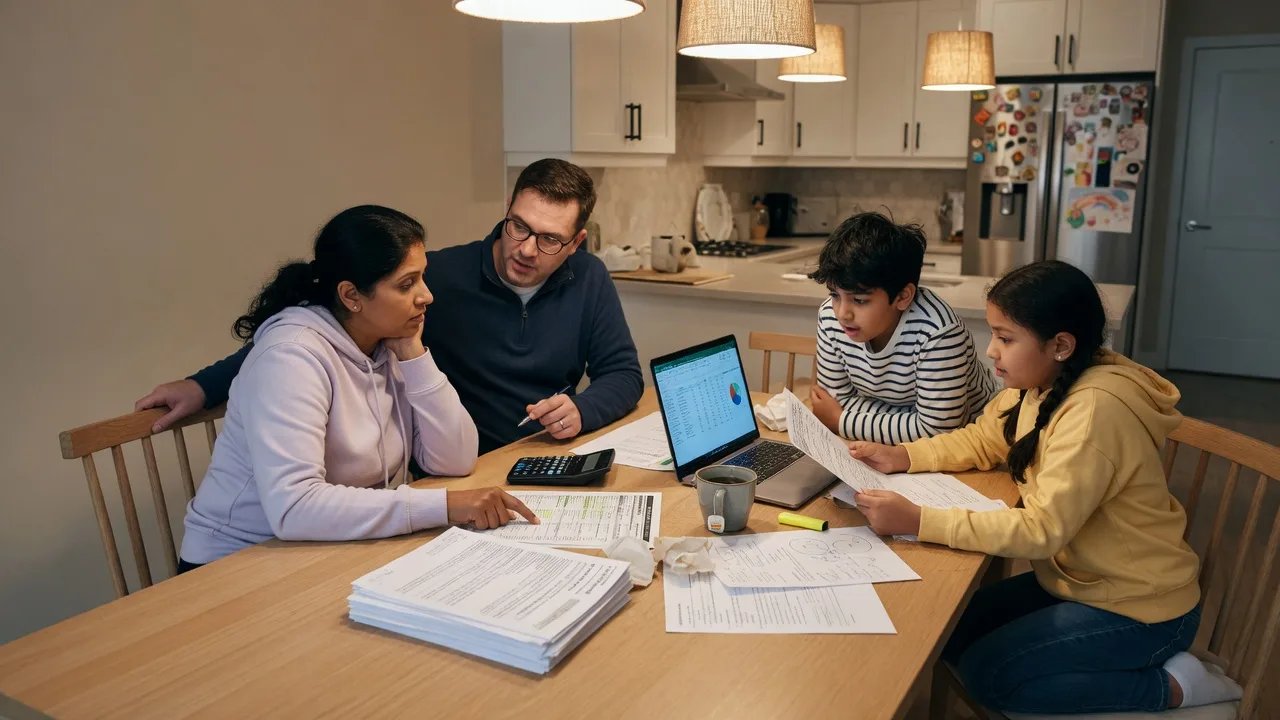 Family reviewing mortgage paperwork and calculator at a kitchen table