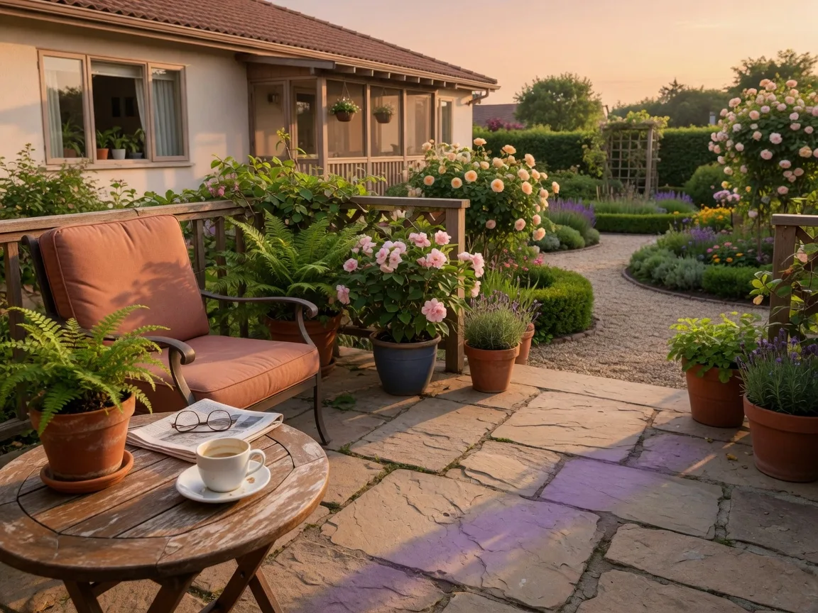 A peaceful morning on a private patio in a 55+ community