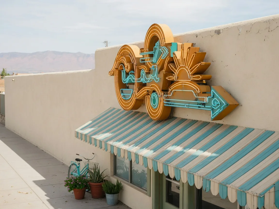 A vintage amber and turquoise neon sign glowing above a mid-century storefront on Central Avenue in Albuquerque