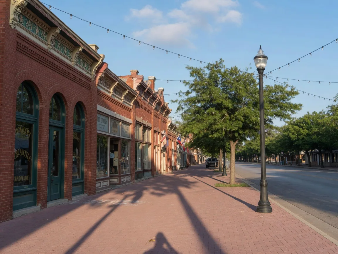 Restored Victorian-era red brick commercial storefronts with ornate cornices and leafy shade trees lining a downtown street in Lockhart, Texas on a bright morning