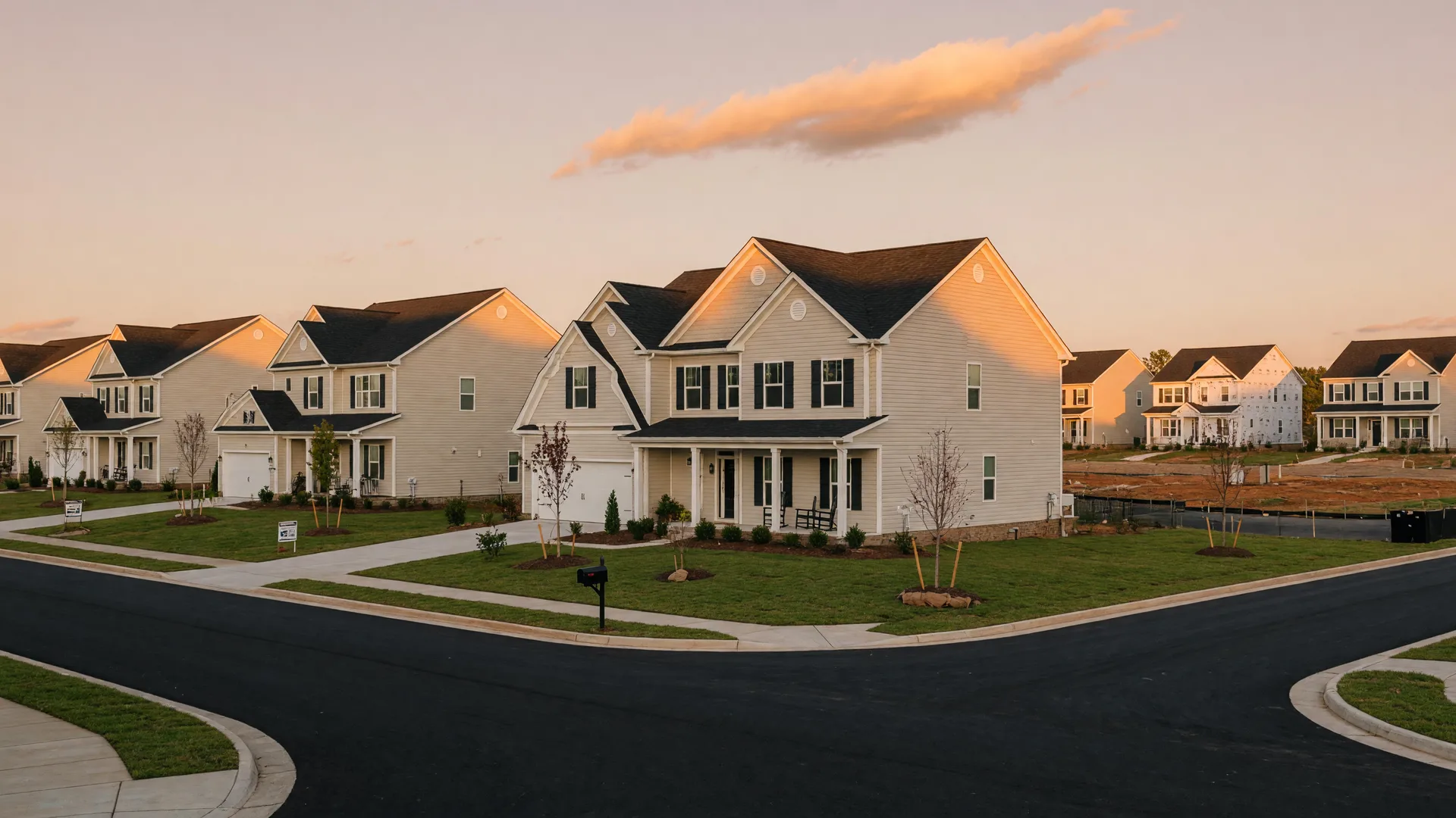 Brand-new single-family homes in a Douglasville-area subdivision at golden hour