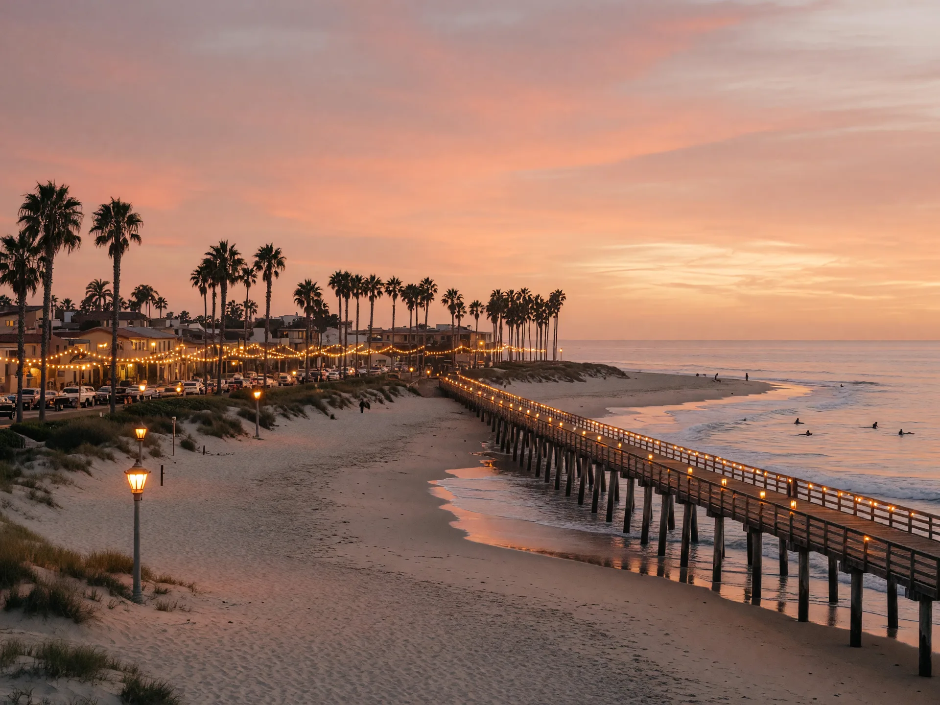 Imperial Beach shore and pier at sunset with surfers in the water and palm trees along the sand