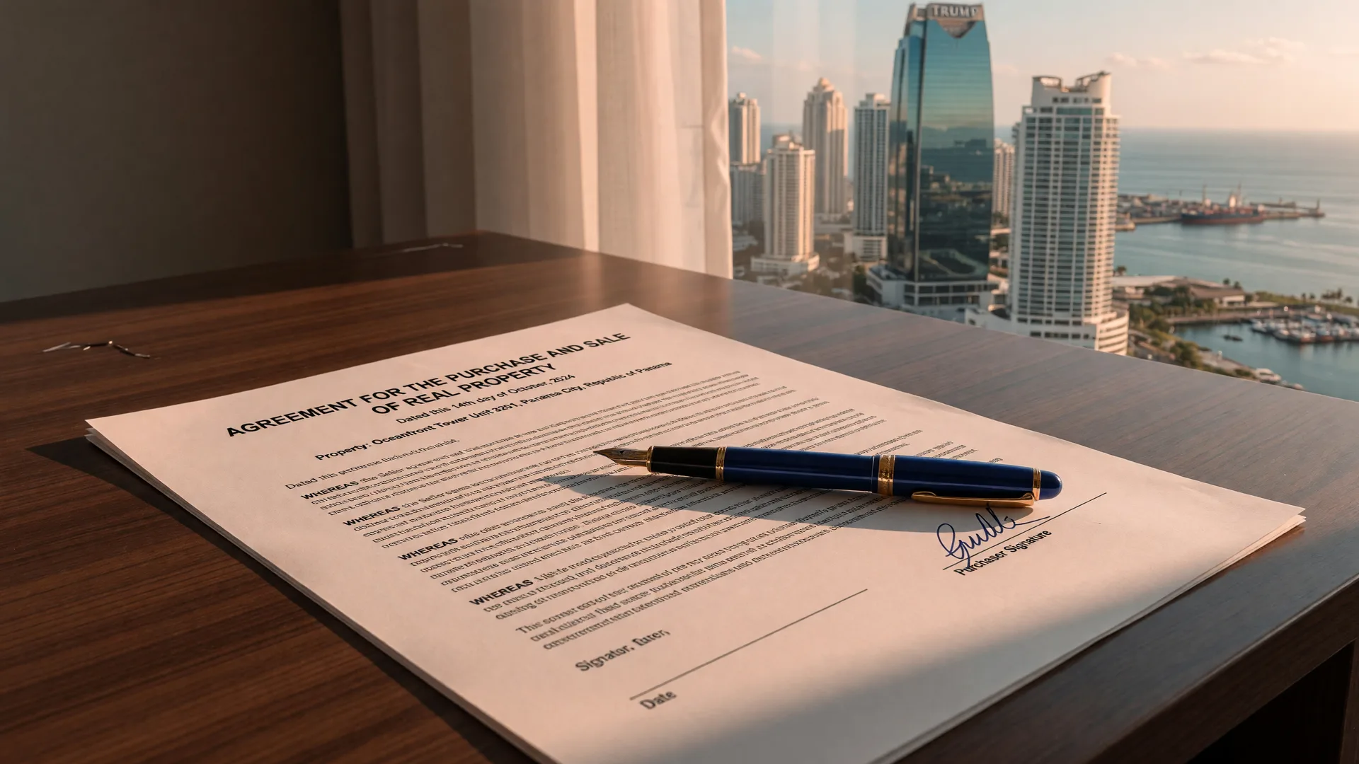 A property purchase document and a blue fountain pen on a desk with the Panama City skyline softly blurred in the background