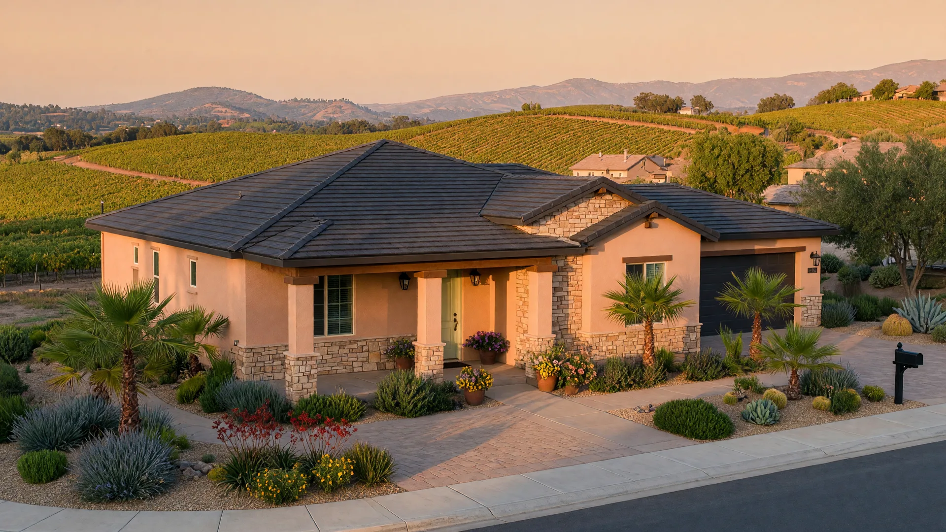 A newer single-story active adult home in Temecula wine country with distant vineyard-covered hills