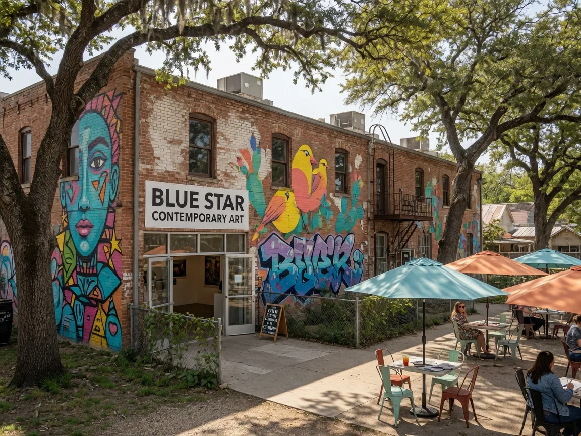 Blue Star Arts Complex in the King William District of San Antonio, a converted historic warehouse building with outdoor patio, murals, and contemporary art gallery signage