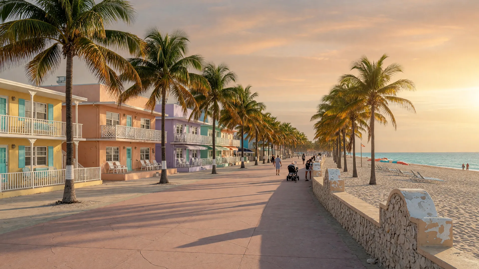 The Hollywood Beach Broadwalk at late afternoon, with royal palms along the oceanfront promenade