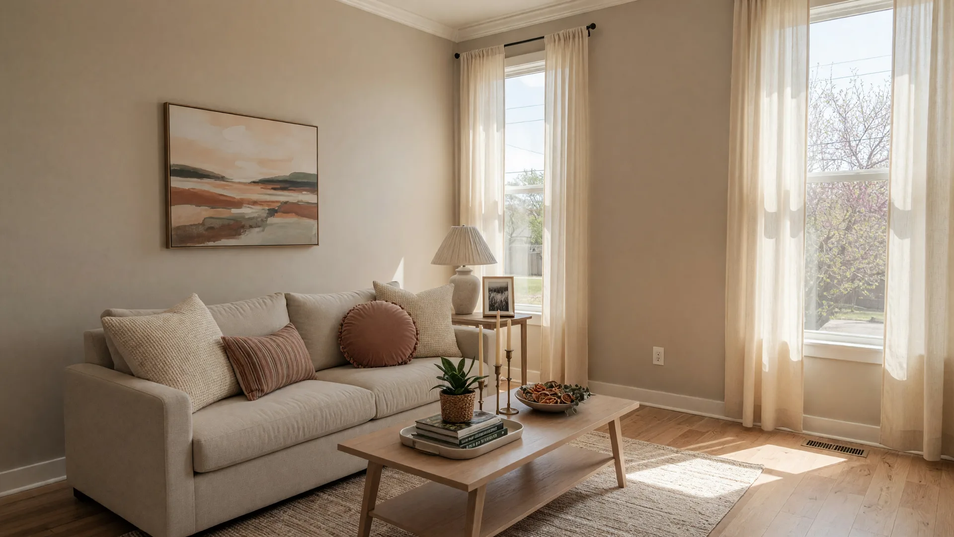 Bright staged living room with a linen sofa, throw pillows, and natural light streaming in through sheer curtains
