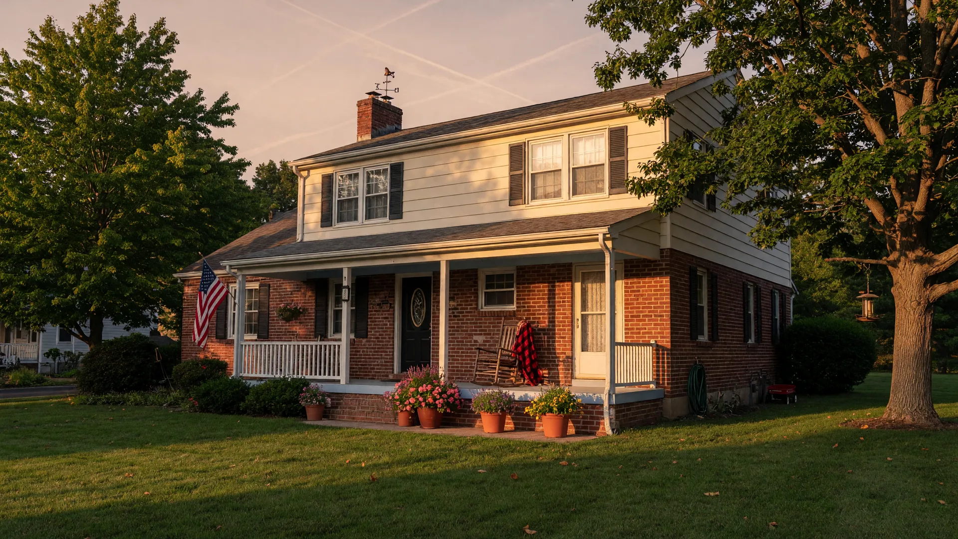 A colonial home in suburban Maryland at golden hour, the long-loved family home an aging parent may not be ready to leave yet