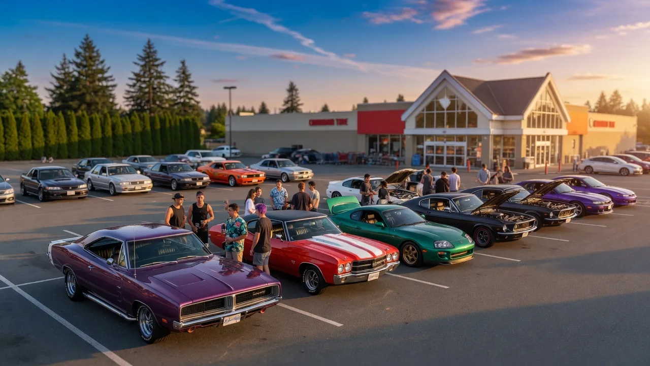 Saturday night car meetup at Canadian Tire Broadmead in Saanich, Victoria BC with classic cars and enthusiasts
