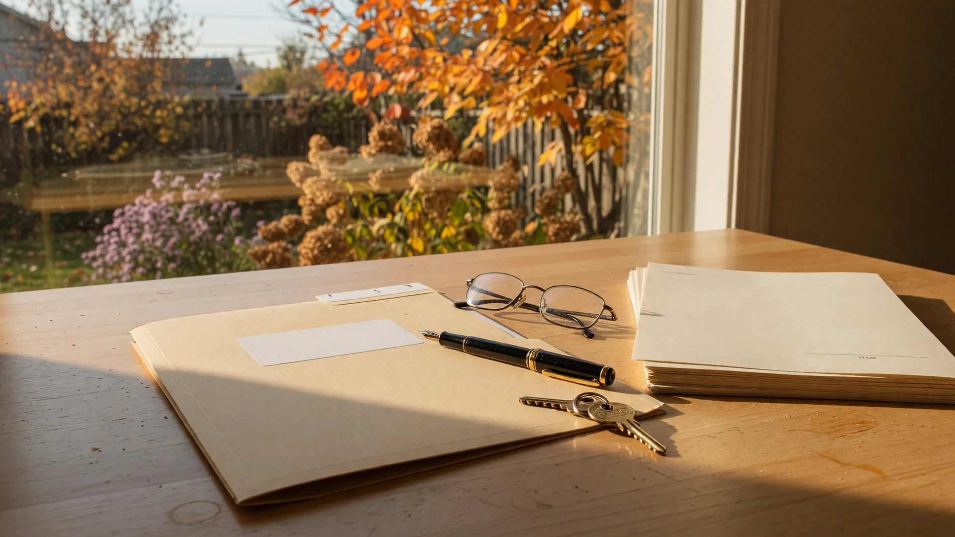 A warm editorial still-life photograph on a sunlit kitchen table in a Northwest Indiana home with a manila file folder, a fountain pen, reading glasses, a brass house key, and blank papers with a signature line in golden window light