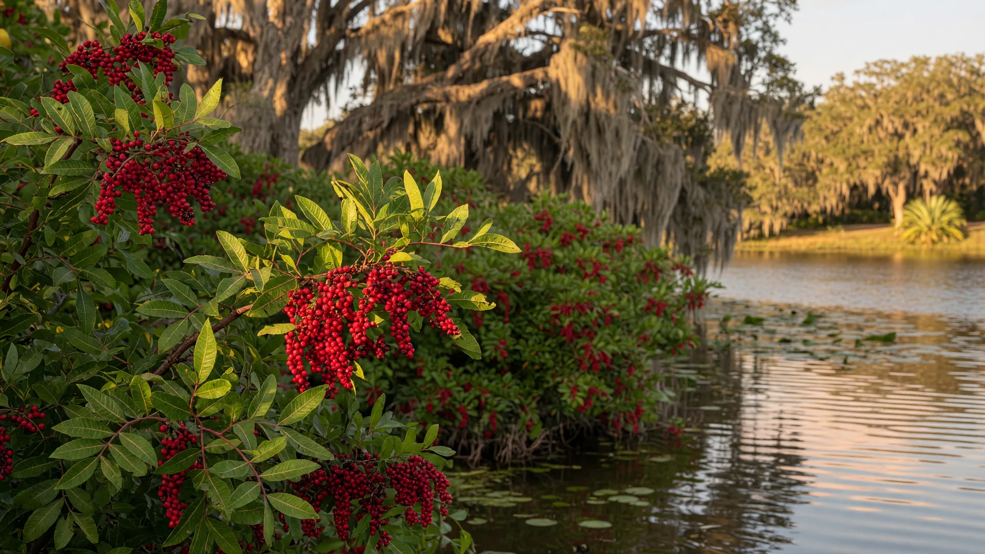 Brazilian pepper, an invasive shrub with glossy leaves and red berries, crowding the shore of a Central Florida lake